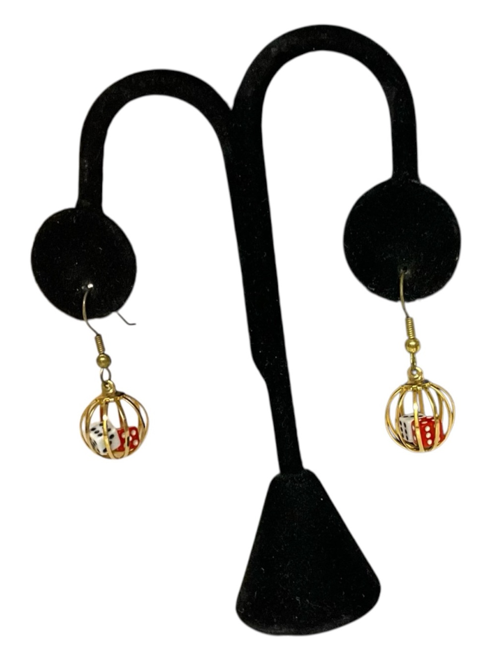 Gold Cage Drop Earrings with Moveable Red and White Dice